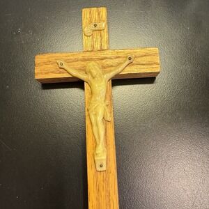 Vintage Jesus Crucifix Plastic Olive Wood Mid Century 6"